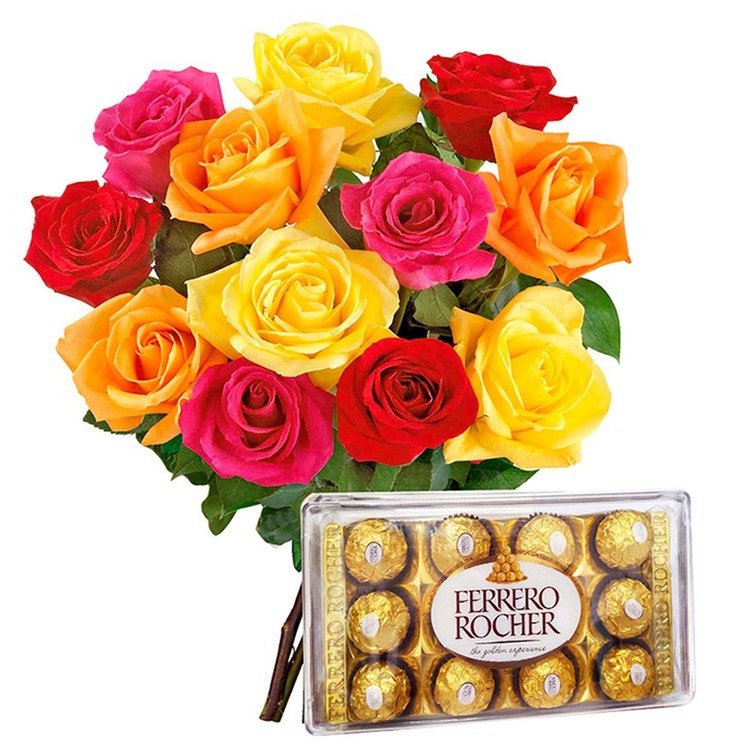 Buquê de 12  Rosas Coloridas com Ferrero Rocher