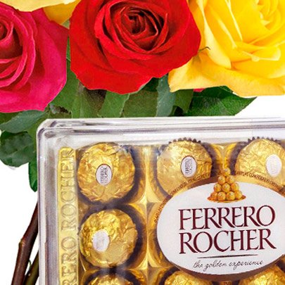 Buquê de 12  Rosas Coloridas com Ferrero Rocher