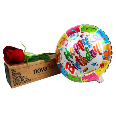Exclusiva Rosa Vermelha e Balão Happy Birthday