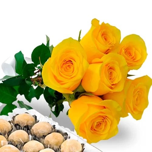 Buquê com 6 Rosas Amarelas e Brigadeiro Branco Amor aos Pedaços