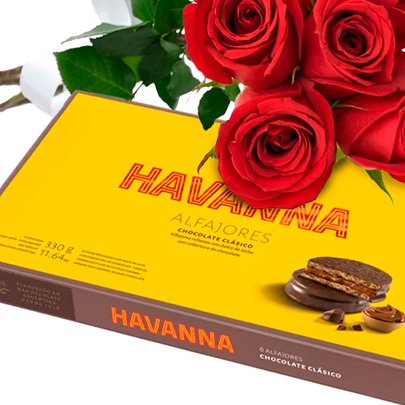 Buquê de 6 Rosas Vermelhas e Alfajor Havanna Chocolate Clássico