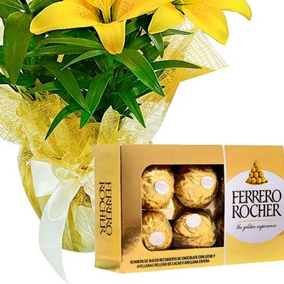 Lírios Amarelos Plantados e Chocolate Ferrero
