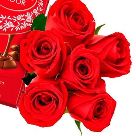 Buquê de 6 Rosas Vermelhas e Chocolates Lindt