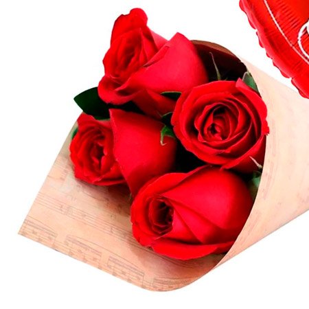 Buquê de 4 Rosas Vermelhas com Balão I Love You