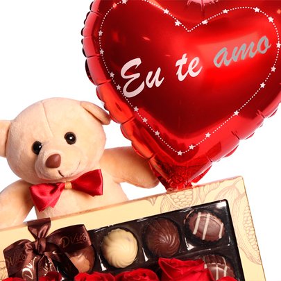 Linda Caixa com Rosas Vermelhas, Chocolate e Urso