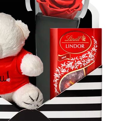 Rosa Encantada Vermelha e Urso no Envelope Love