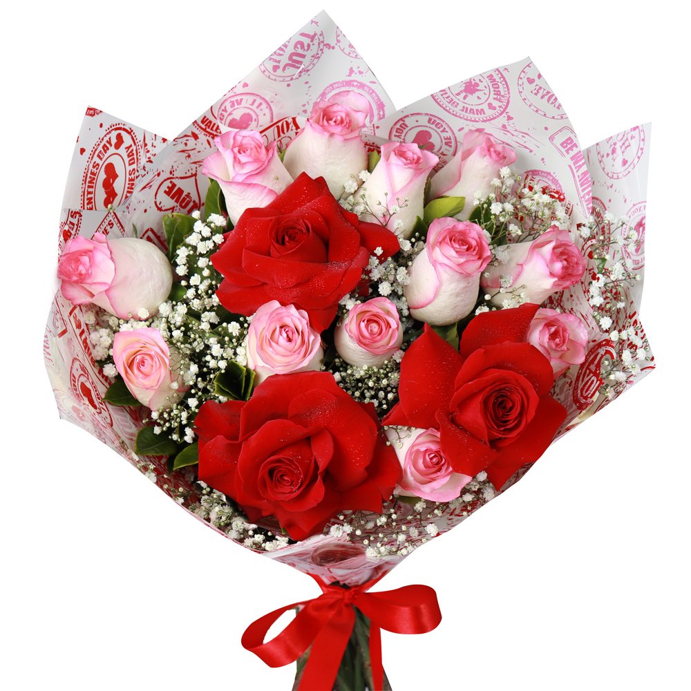 Buquê Love de Rosas Vermelhas e Cor de Rosa