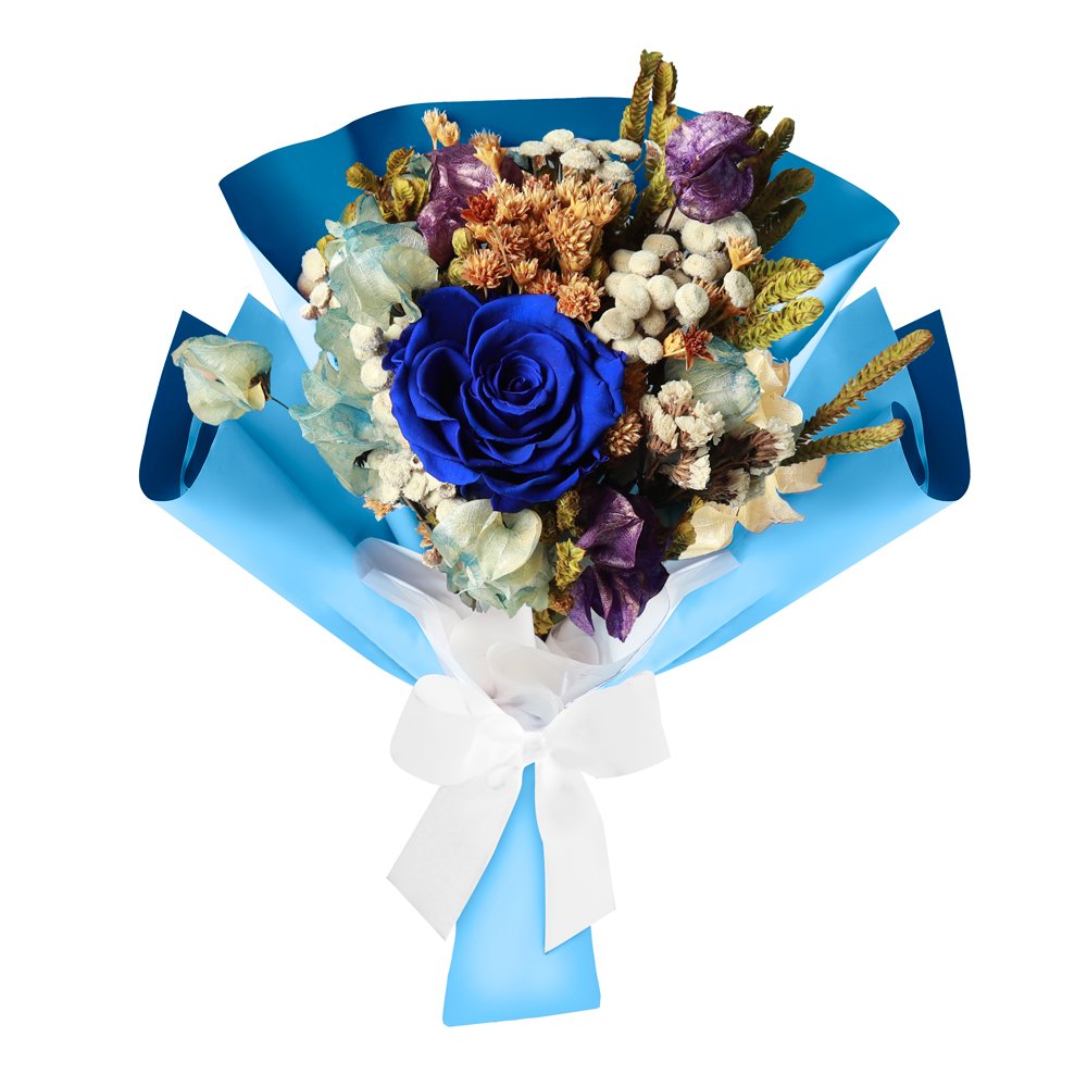 Mini Buquê Rosa Encantada e Flor Seca Azul | Nova Flor