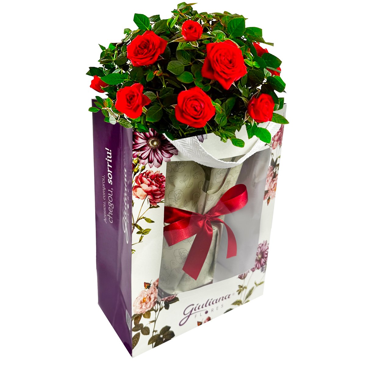 Vaso de Mini Rosa Vermelha na Bag Floral