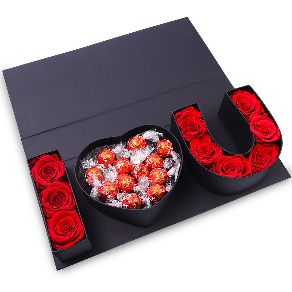 Rosas Encantadas Vermelhas e Lindt no Box I Love You