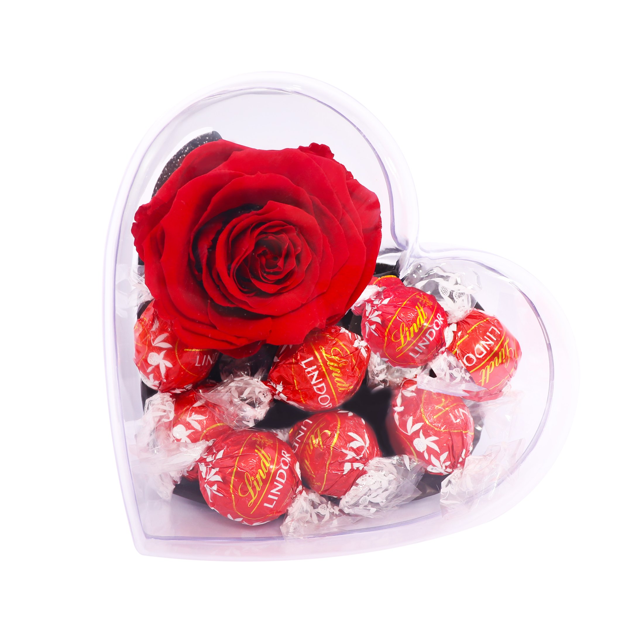 Box Crystal Coração com Rosa Encantada e Bombons Lindt