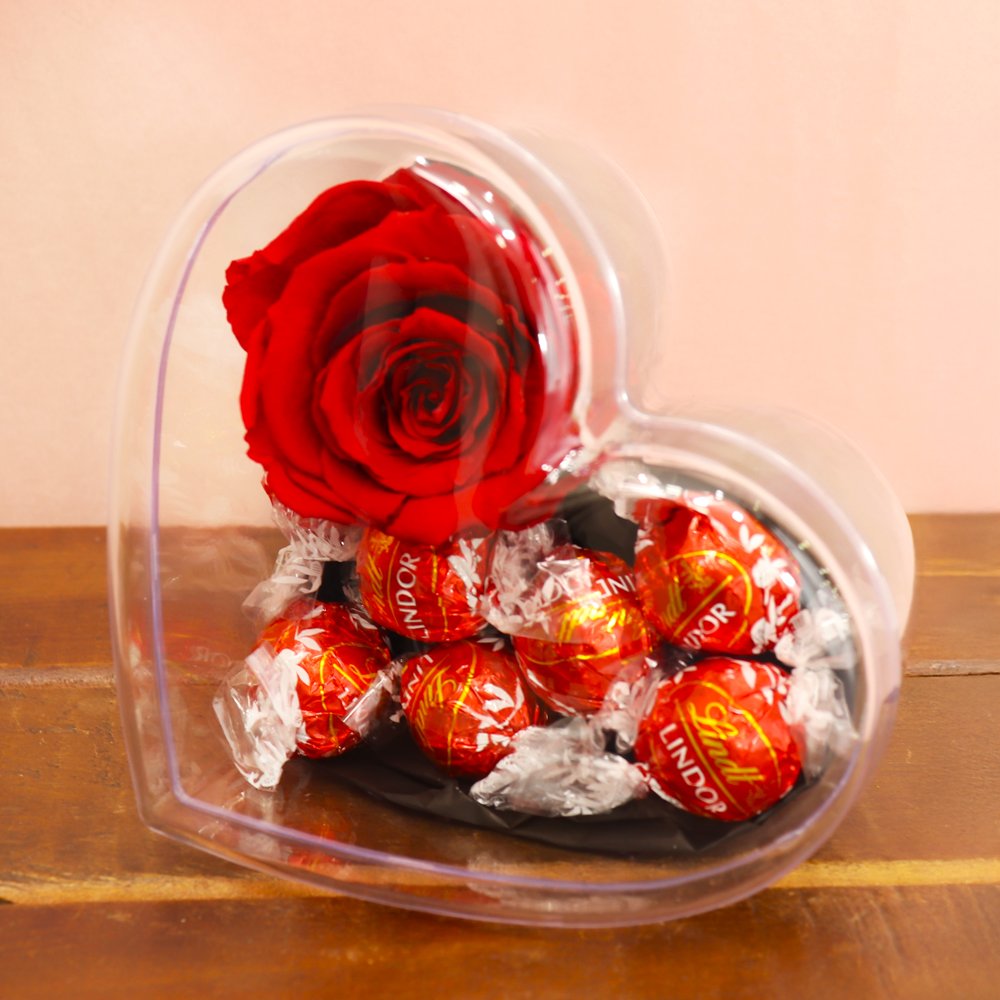 Box Crystal Coração com Rosa Encantada e Bombons Lindt