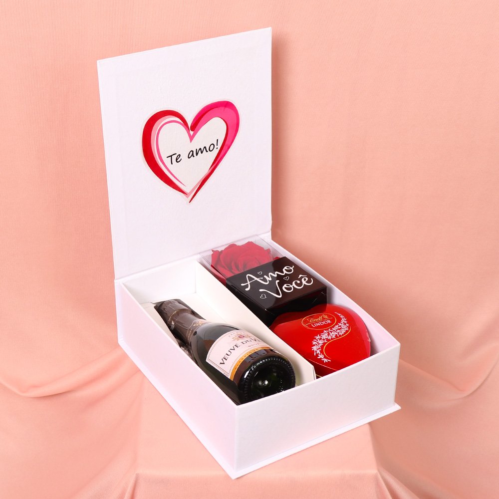 Kit Te Amo com Rosa Encantada e Lindt e Espumante
