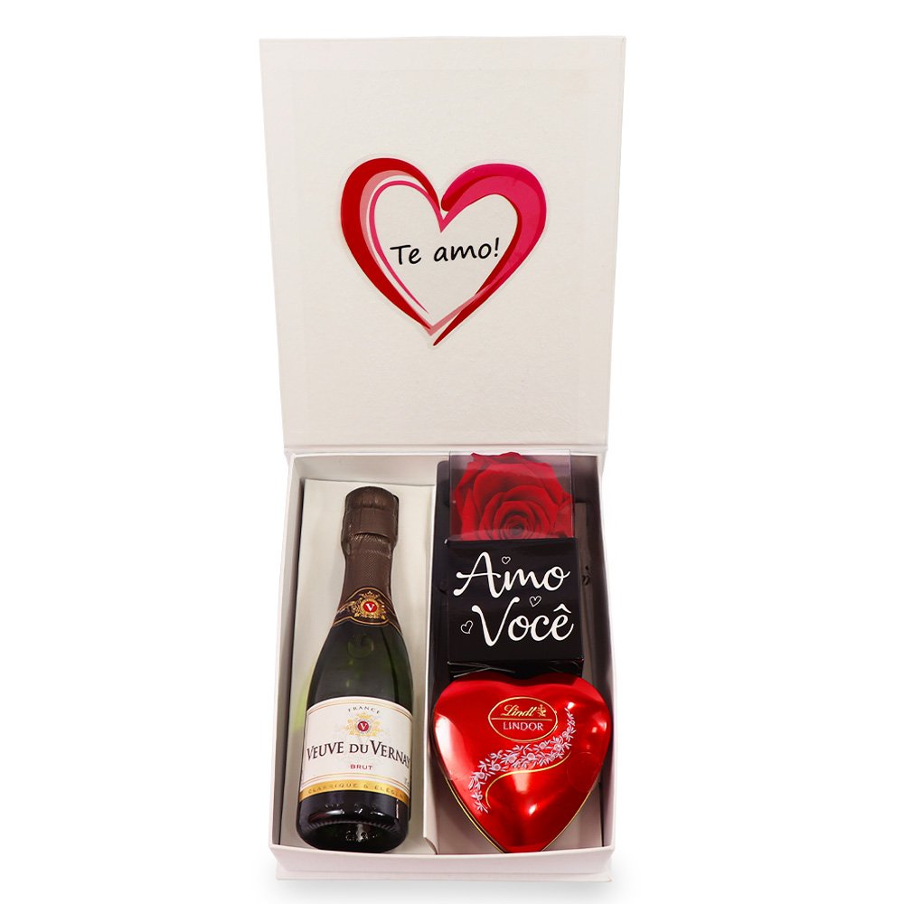 Kit Te Amo com Rosa Encantada e Lindt e Espumante