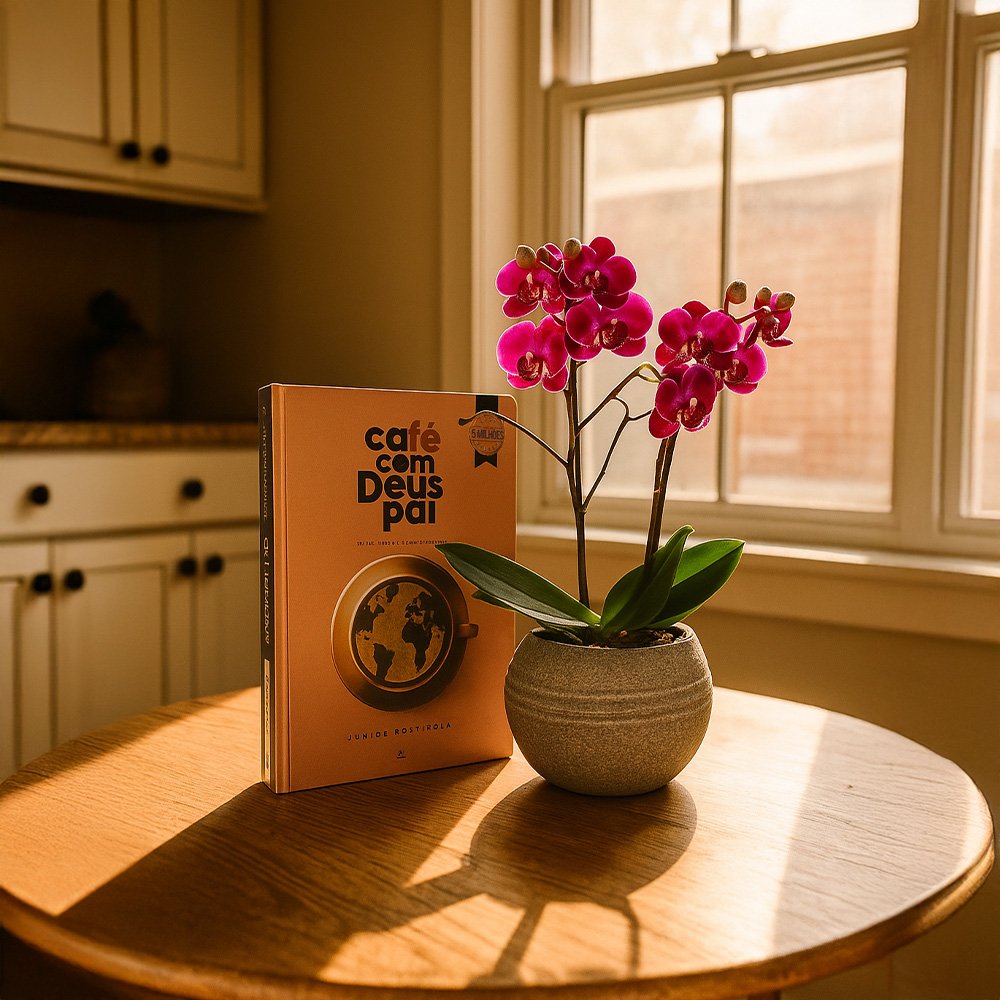 Formidável Orquídea Mini Rara Lilás e Livro Café com Deus Pai