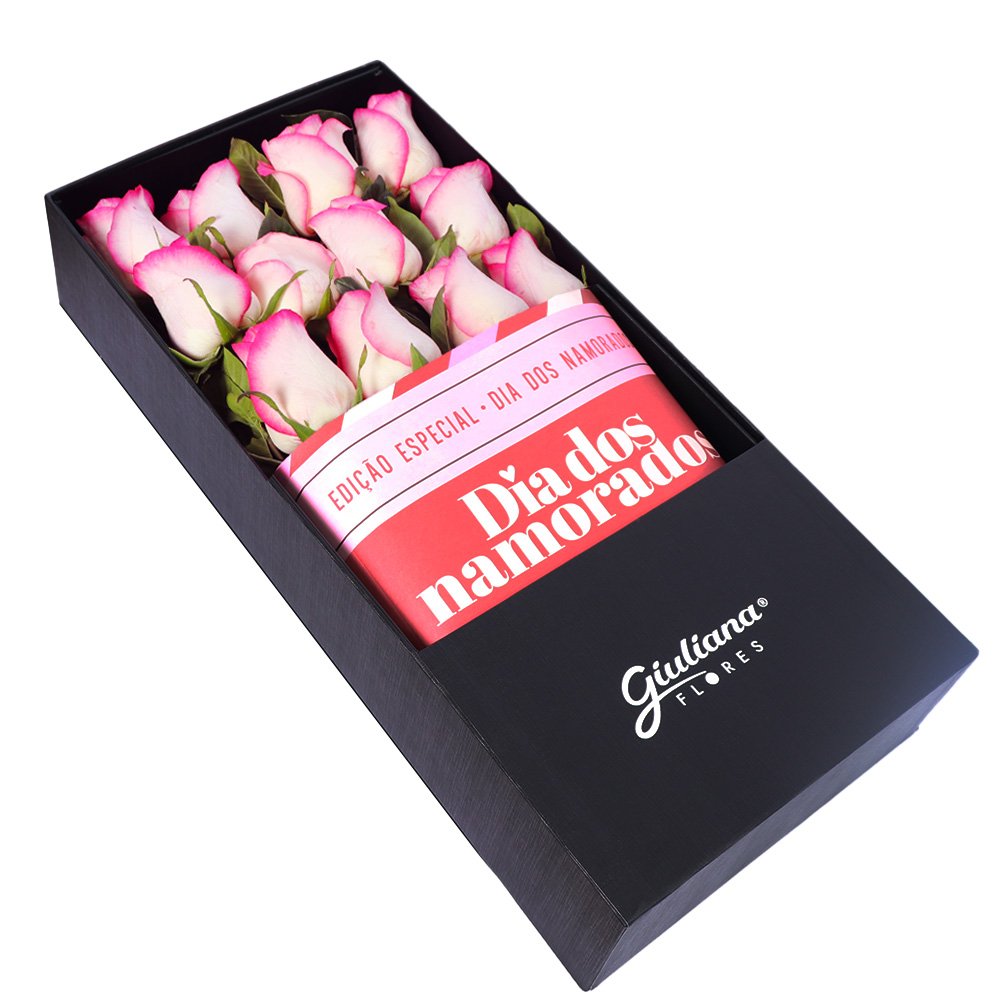 Caixa Surpresa com 12 Rosas Cor de Rosa Namorados