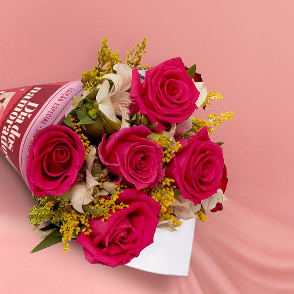 Buquê Encanto com 5 Rosas Pink Namorados