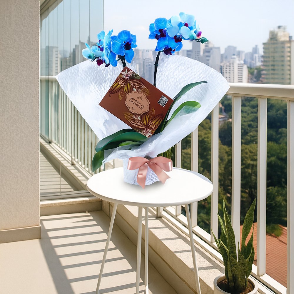 Mini Orquídea Rara Azul e Caixa de Bombom Giuliana Flores