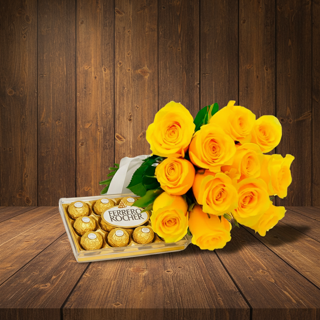 Buquê de 12 Rosas Amarelas e Ferrero