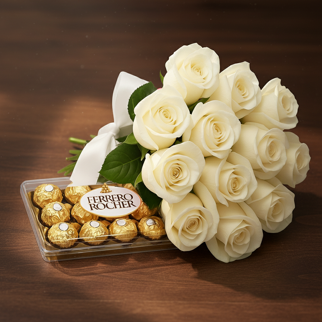 Buquê de 12 Rosas Brancas e Ferrero
