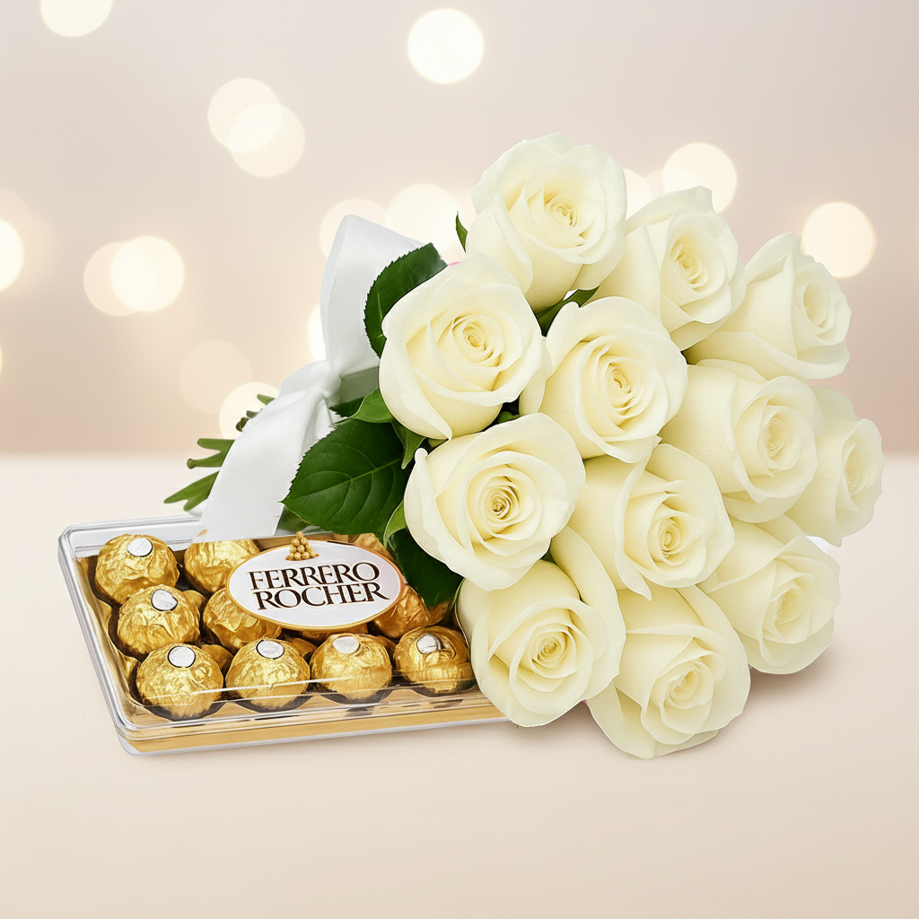 Buquê de 12 Rosas Brancas e Ferrero