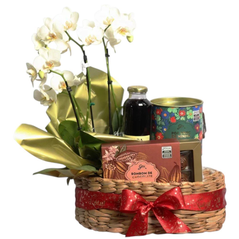 Cesta com Orquídea Branca e Bombom e Pipoca Giuliana Flores