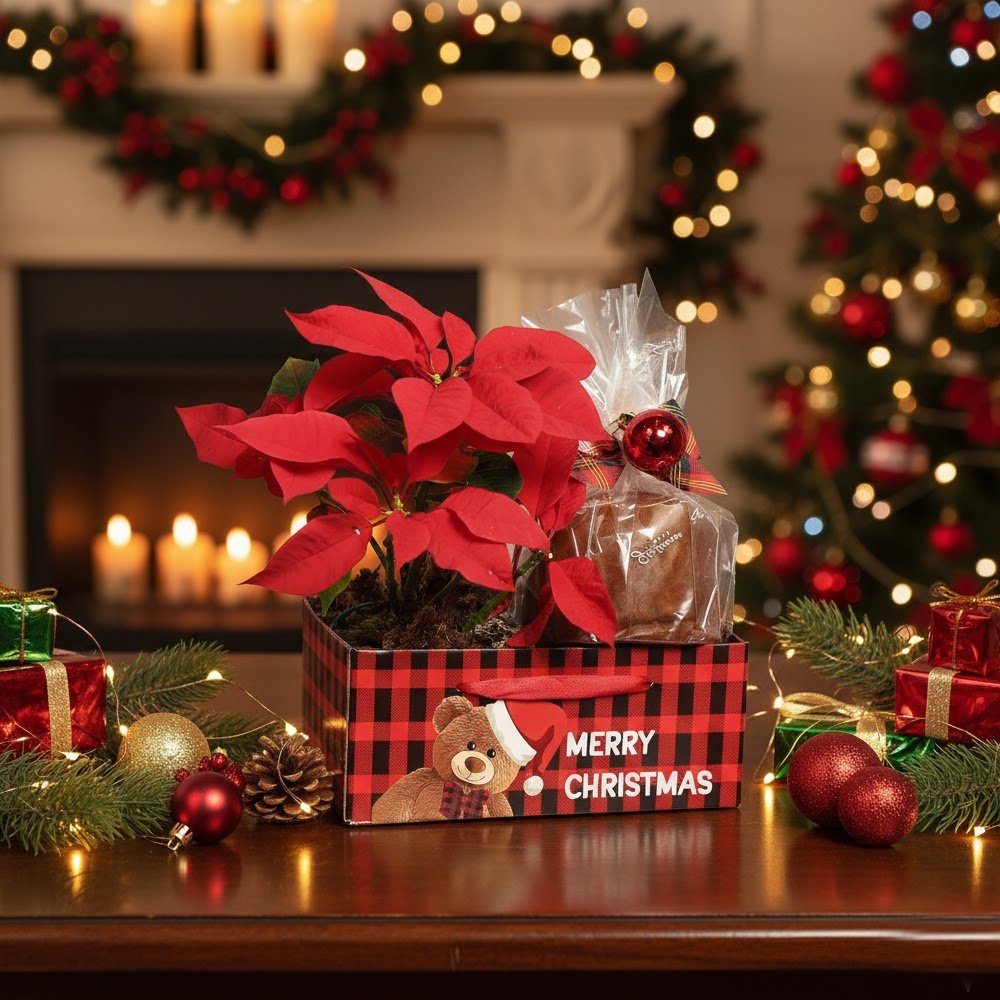 Kit Merry Christmas com Flor de Natal Poinsétia e Panettone