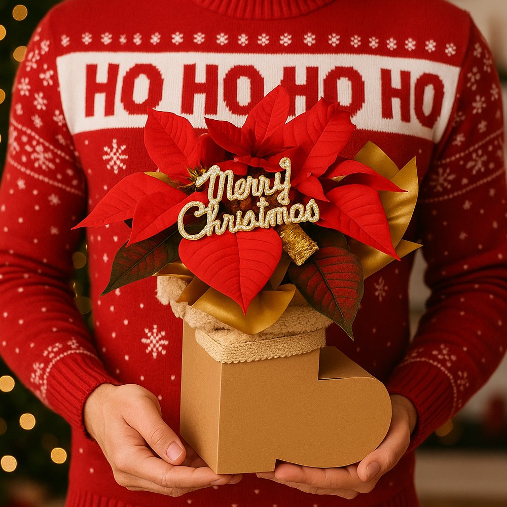 Flor de Natal Poinsétia na Botinha Merry Christmas