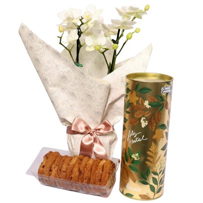 Mini Orquídea Rara Branca e Lata Cookie Speculoos Biscoitê