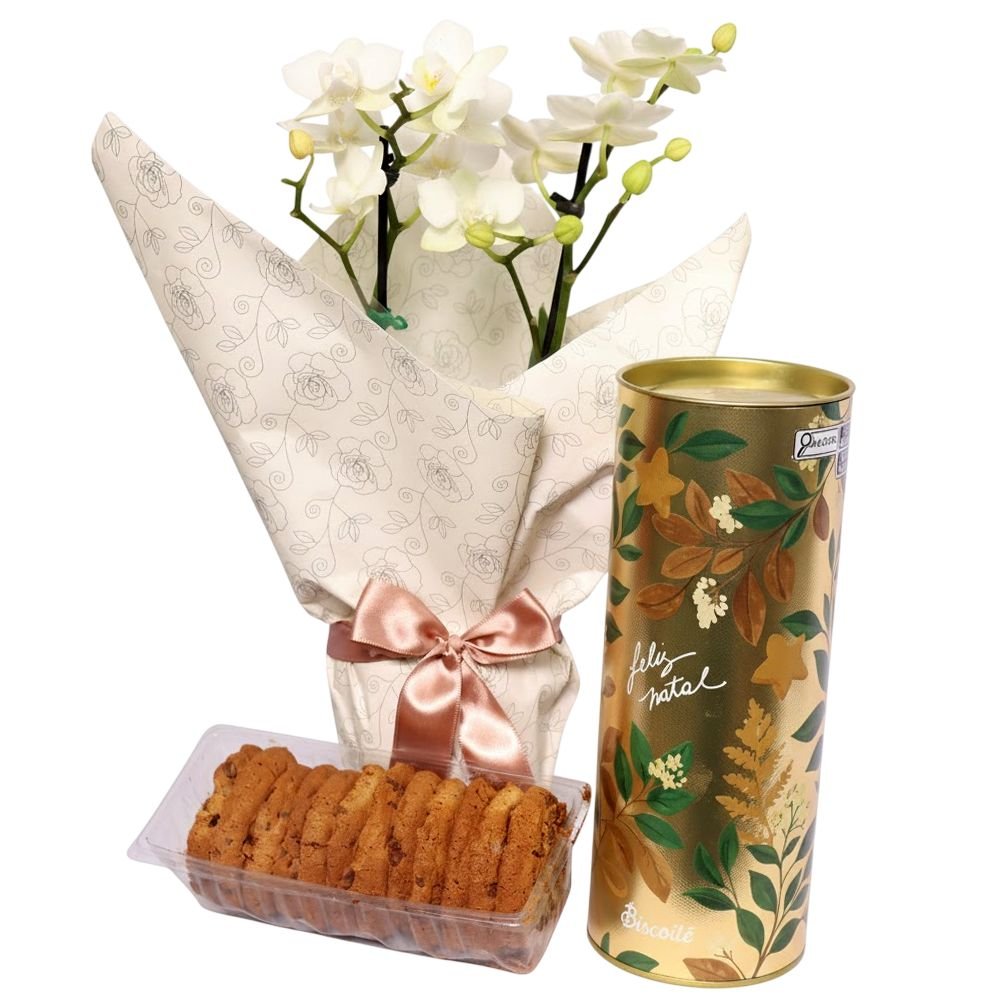 Mini Orquídea Rara Branca e Lata Cookie Speculoos Biscoitê