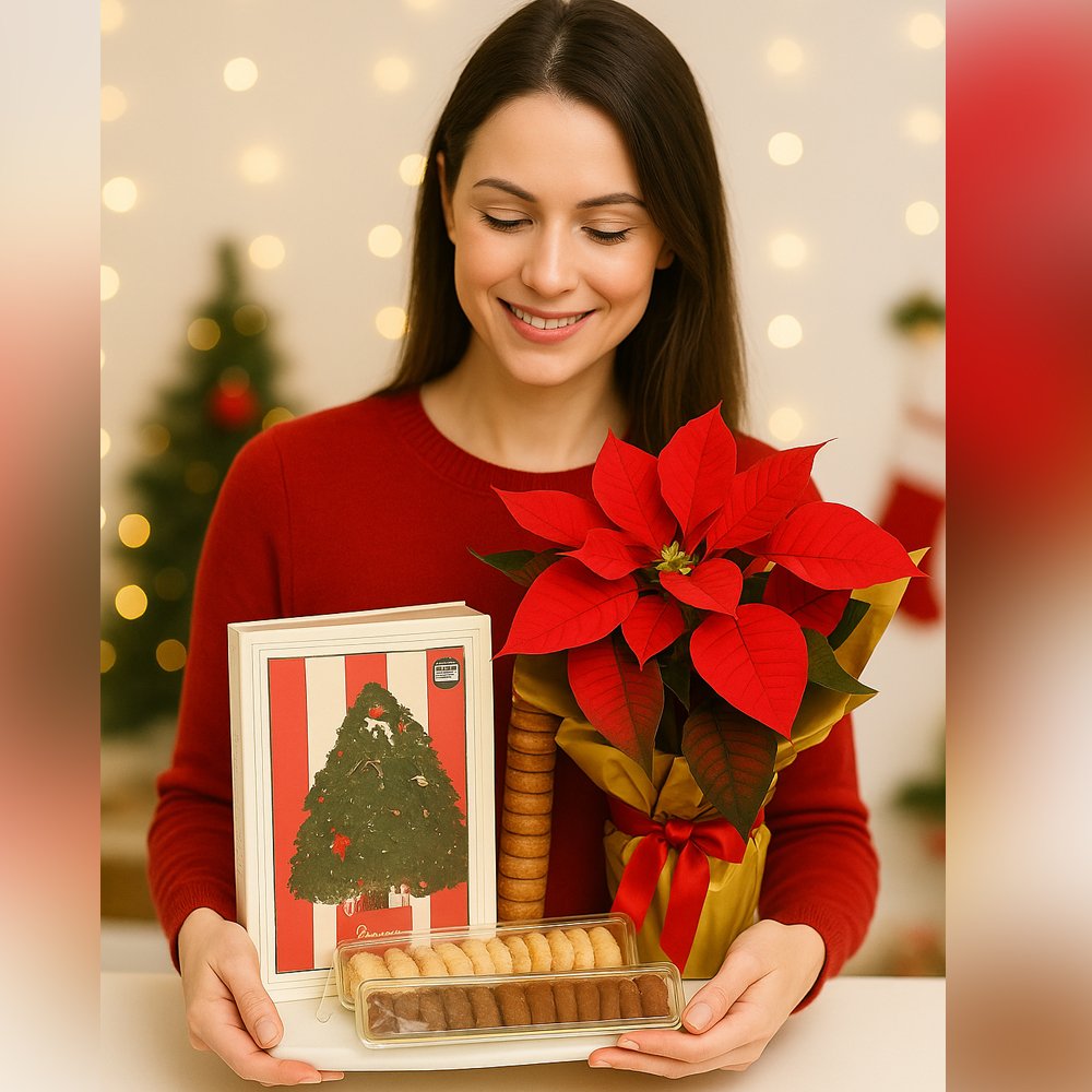 Flor de Natal Poinsétia e Livro Doces Memórias Biscoitê