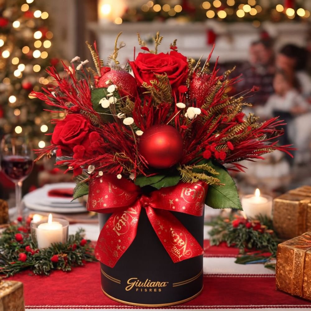 Arranjo Natalino Vermelho com Flor Seca e Rosa Encantada