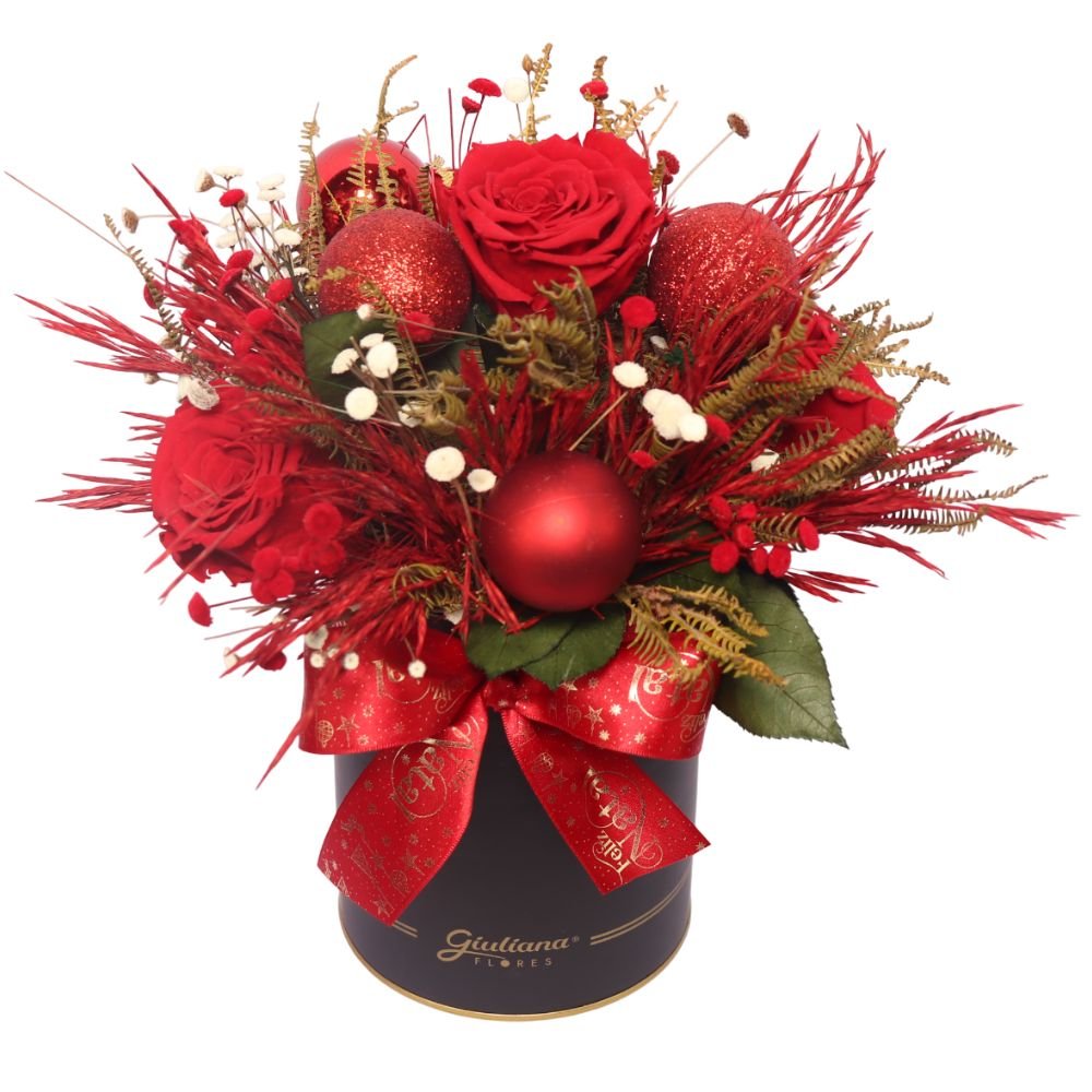 Arranjo Natalino Vermelho com Flor Seca e Rosa Encantada