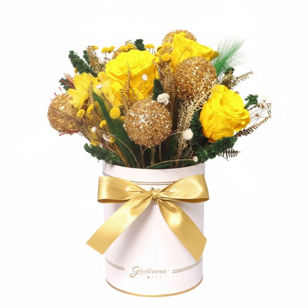 Arranjo Dourado com Flor Seca e Rosa Encantada