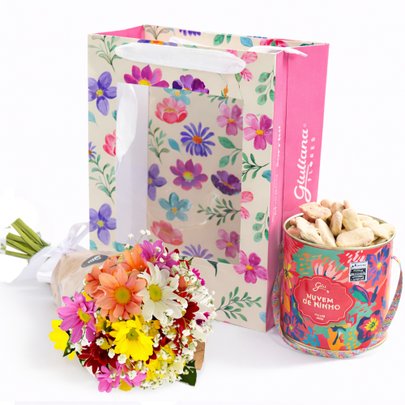 Buquê Partitura Flores do Campo e Biscoito Ninho na Bag Pétalas