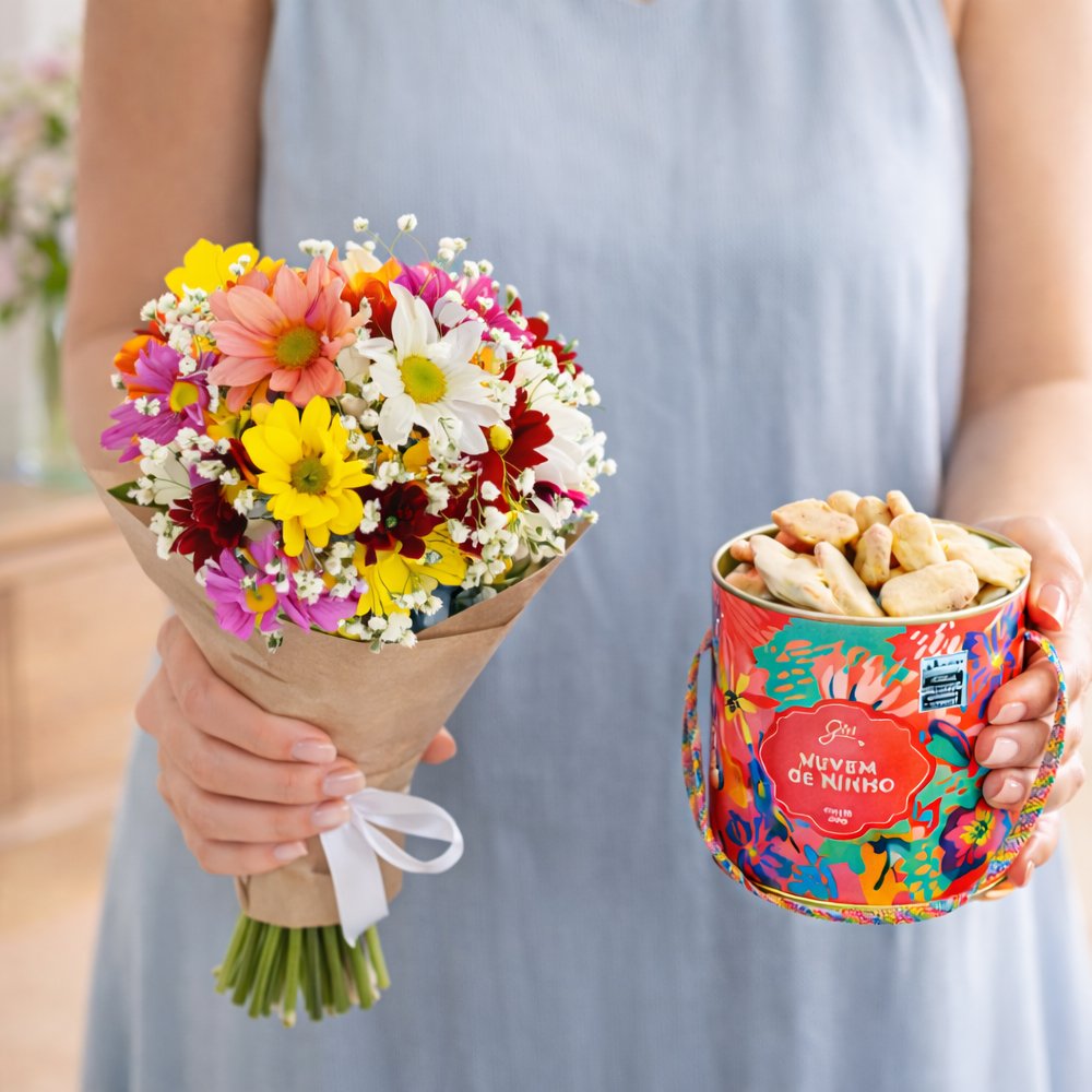 Buquê Partitura Flores do Campo e Biscoito Ninho na Bag Pétalas