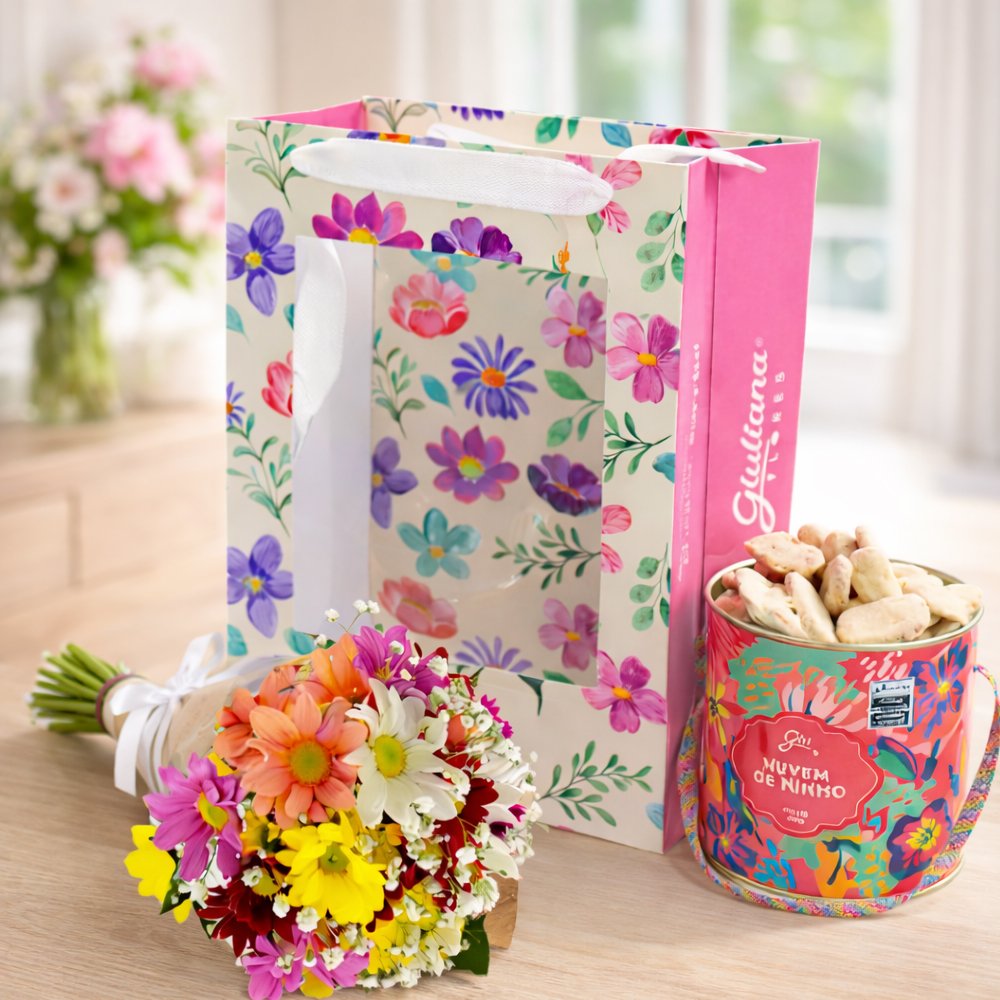 Buquê Partitura Flores do Campo e Biscoito Ninho na Bag Pétalas