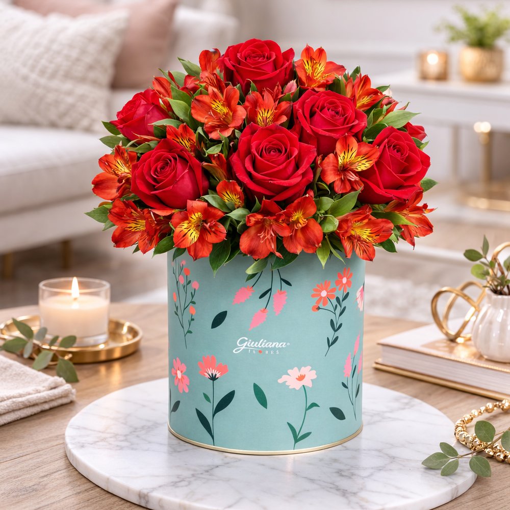 Arranjo Harmonia de Rosas e Astromélias Vermelhas