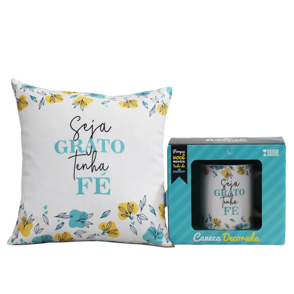 Caneca e Almofada Seja Grato Tenha Fé