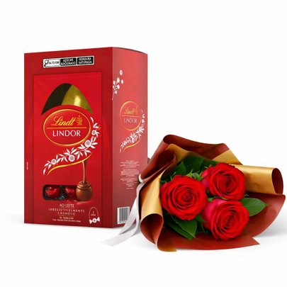 Buquê Trio de Rosas Vermelho e Ovo Lindt ao Leite