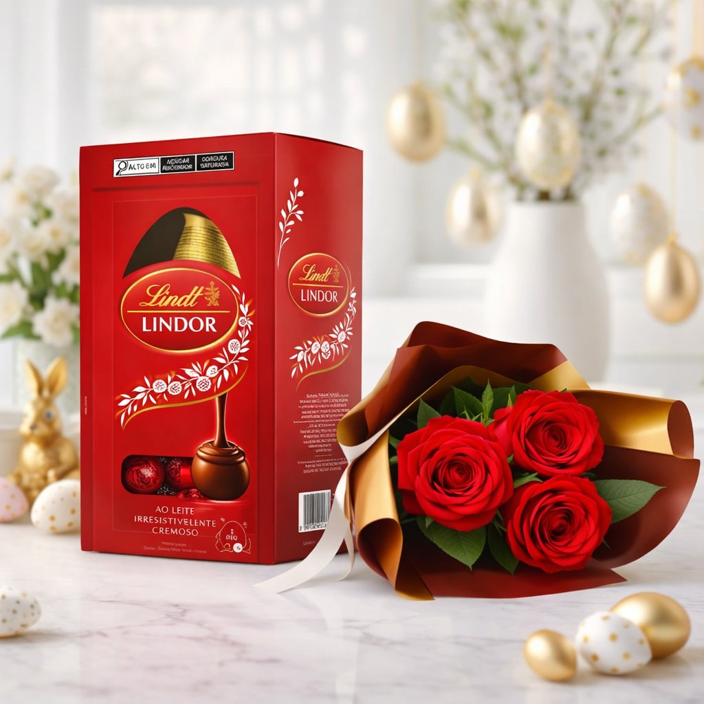Buquê Trio de Rosas Vermelho e Ovo Lindt ao Leite