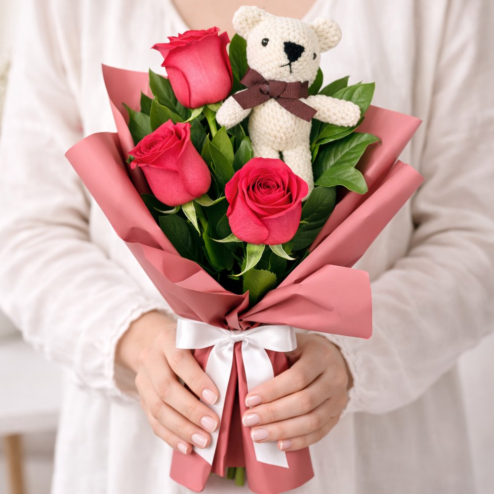 Buquê Trio de Rosas Pink com Urso Chaveirinho