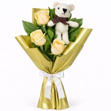 Buquê Trio de Rosas Champanhe com Urso Chaveirinho