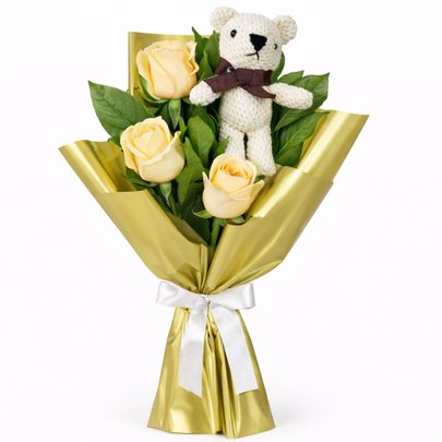 Buquê Trio de Rosas Champanhe com Urso Chaveirinho