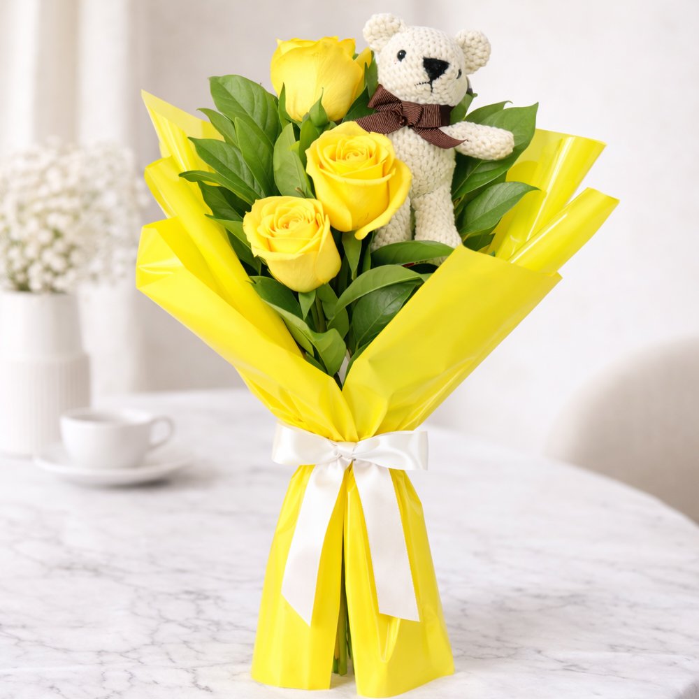 Buquê Trio de Rosas Amarelas com Urso Chaveirinho