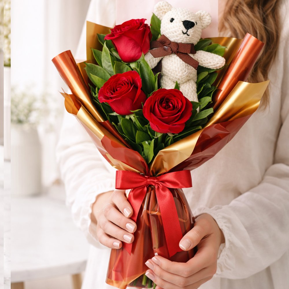 Buquê Trio de Rosas Vermelhas com Urso Chaveirinho