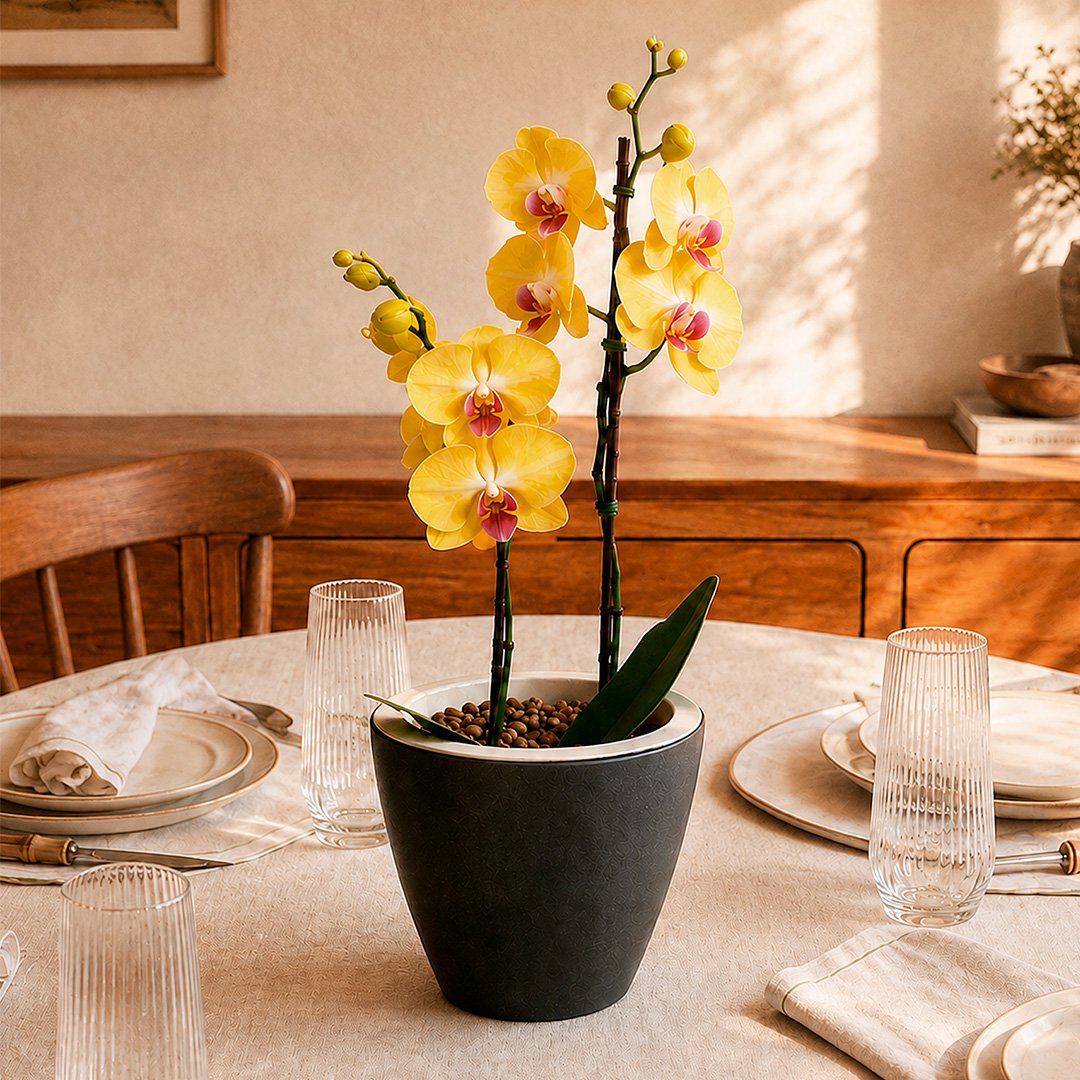 Orquídea Amarela Presente no Vaso Preto Jardim