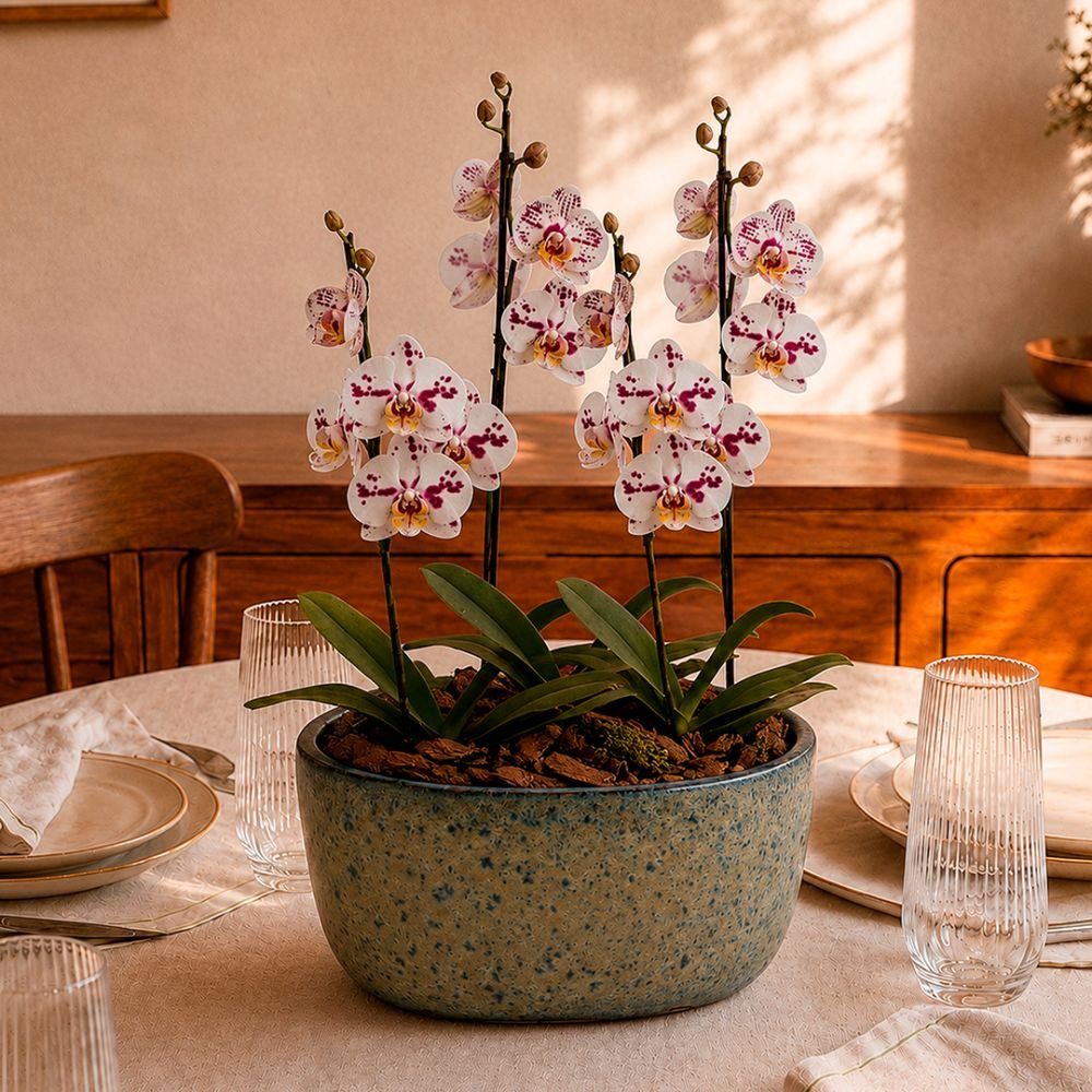 Orquídeas Branca Mesclada para Presente na Jardineira Azul