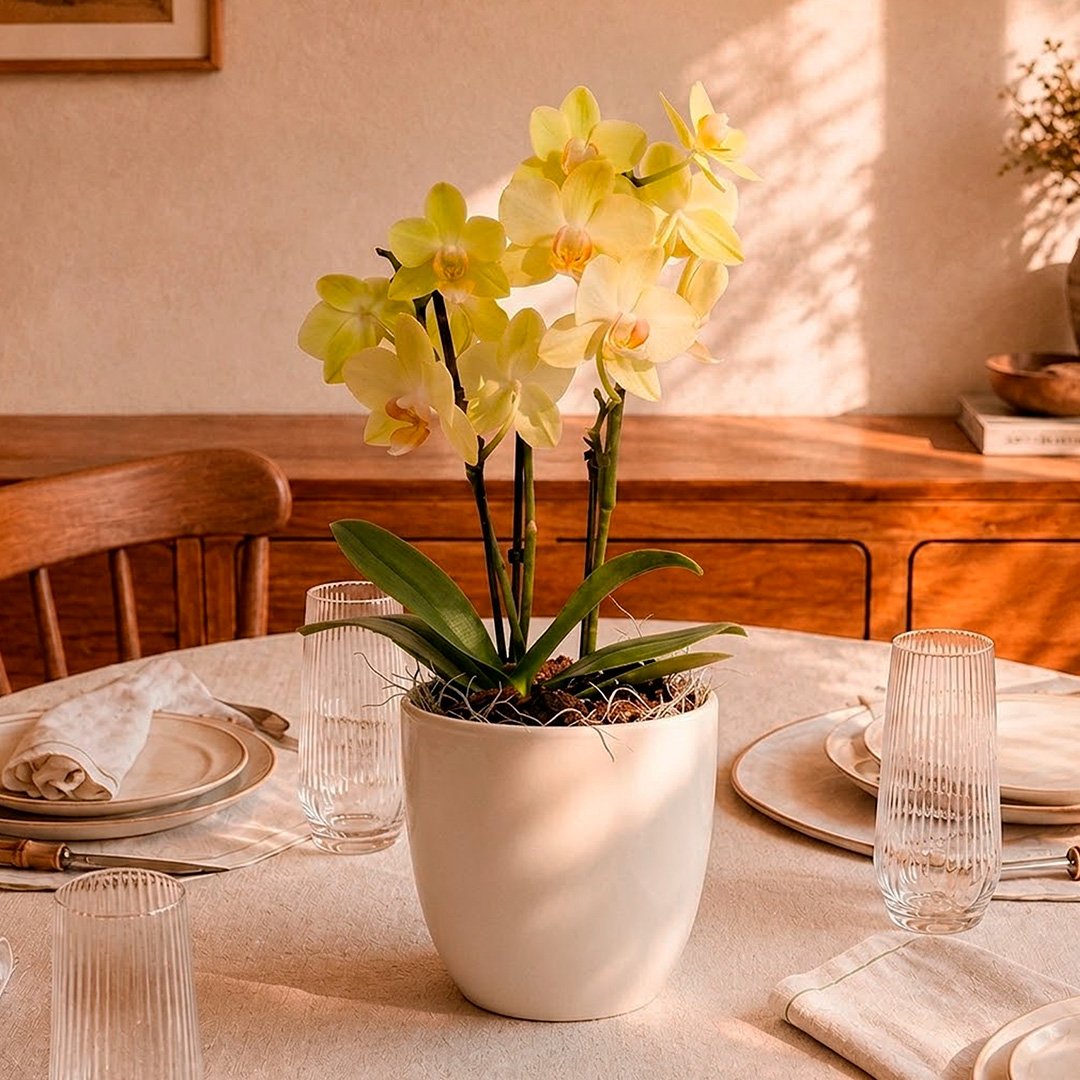 Orquidea Mini Rara Amarela no Delicado Vaso Off White