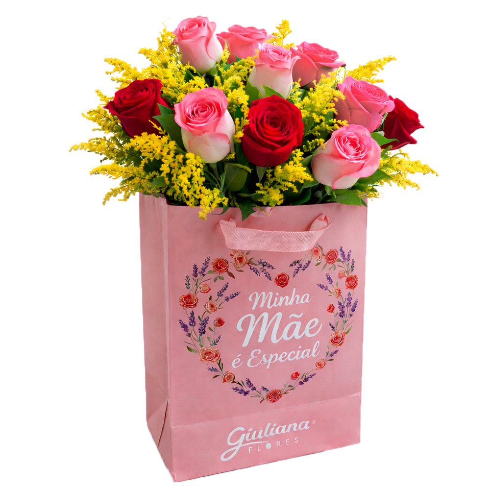 Buquê de 12 Rosas na Sacola Minha Mâe é Especial